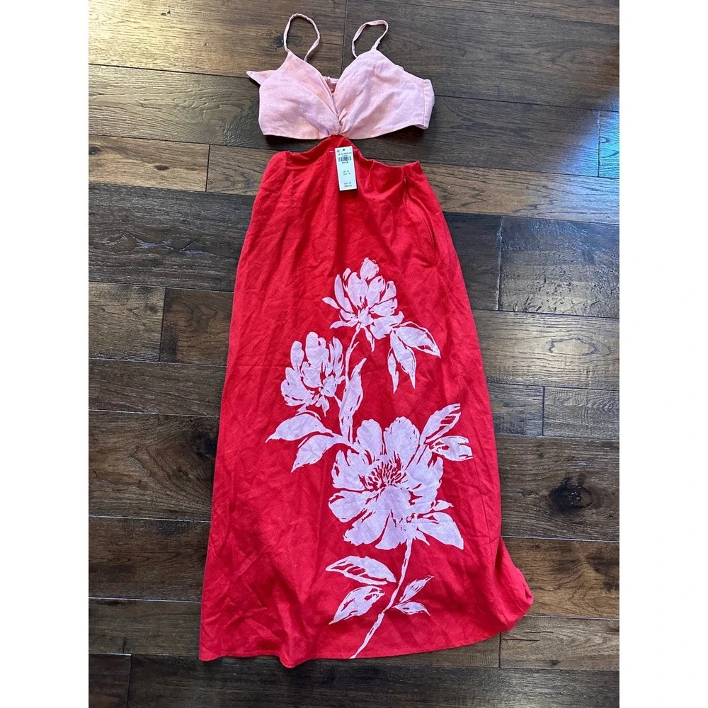Abercrombie & Fitch Red Pink Floral Cutout Linen Blend Maxi Dress Womens Medium